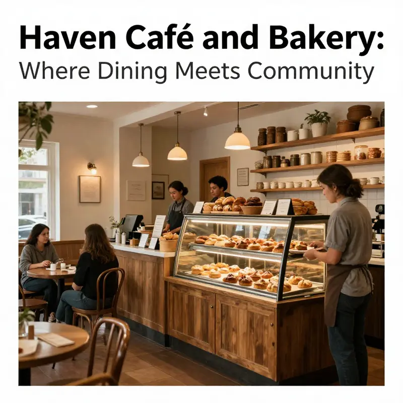 The cozy interior of Haven Café featuring pastries, seating arrangements, and staff attending to customers.