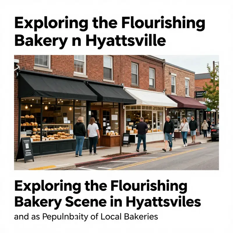 A vibrant street view of Hyattsville with several bakeries and cheerful customers.