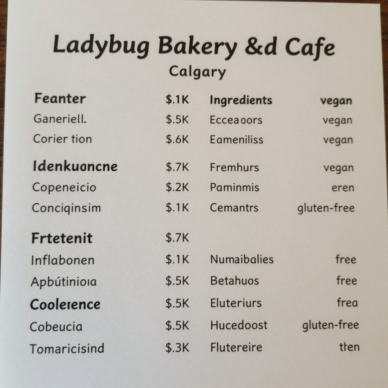 Menu Items at Ladybug Bakery and Cafe