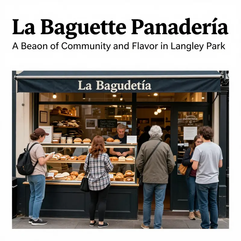 Cover image of La Baguette Panadería portraying the bakery with diverse people enjoying baked goods.