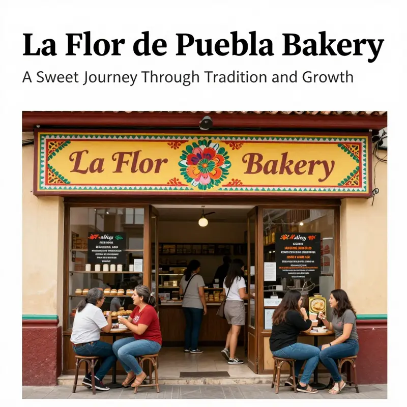 The exterior view of La Flor De Puebla Bakery, highlighting its charm and the vibrant atmosphere.