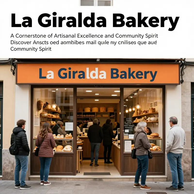 The front entrance of La Giralda Bakery, bustling with customers and showcasing a warm, welcoming atmosphere.