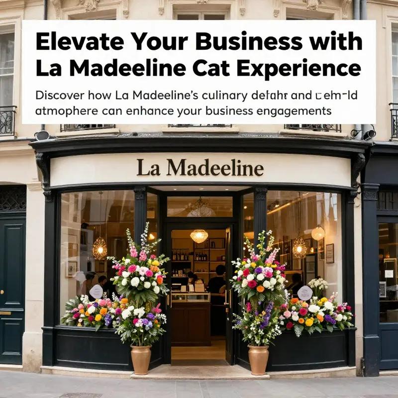 The exterior of La Madeleine French Bakery & Cafe featuring beautiful flowers and an inviting entrance.