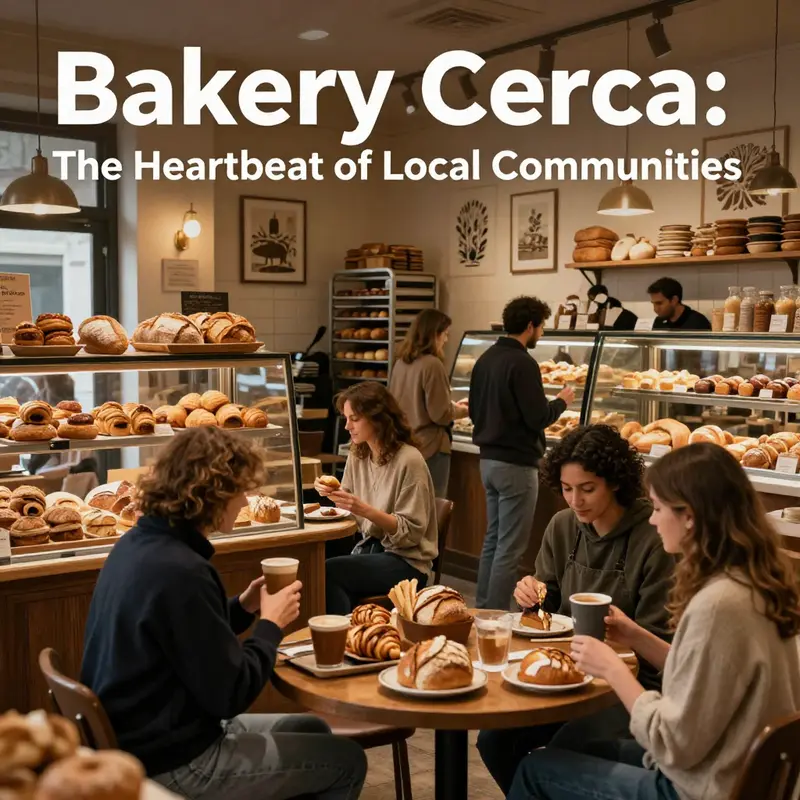 A busy local bakery with diverse patrons enjoying fresh baked goods in a cozy ambiance.