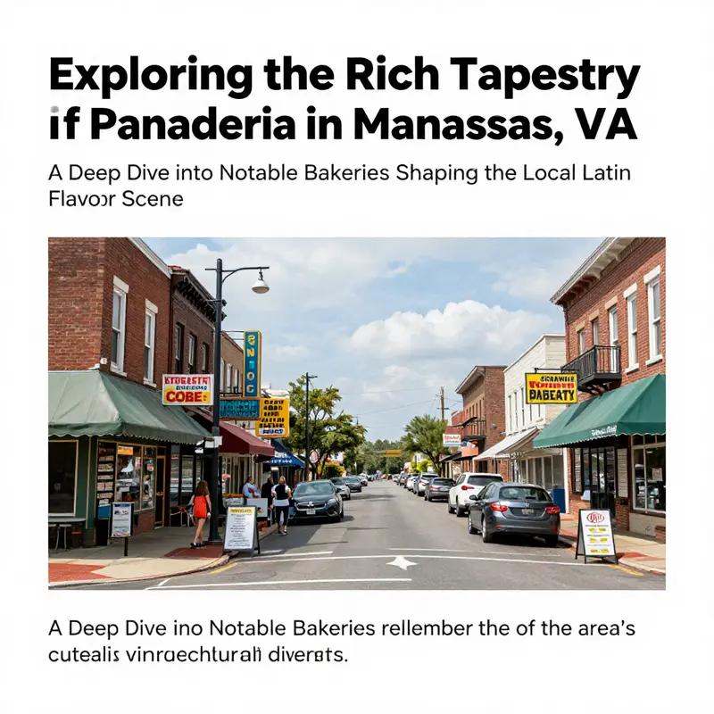 A panoramic image of Manassas streets filled with cheerful customers and various panaderia storefronts, highlighting cultural diversity.