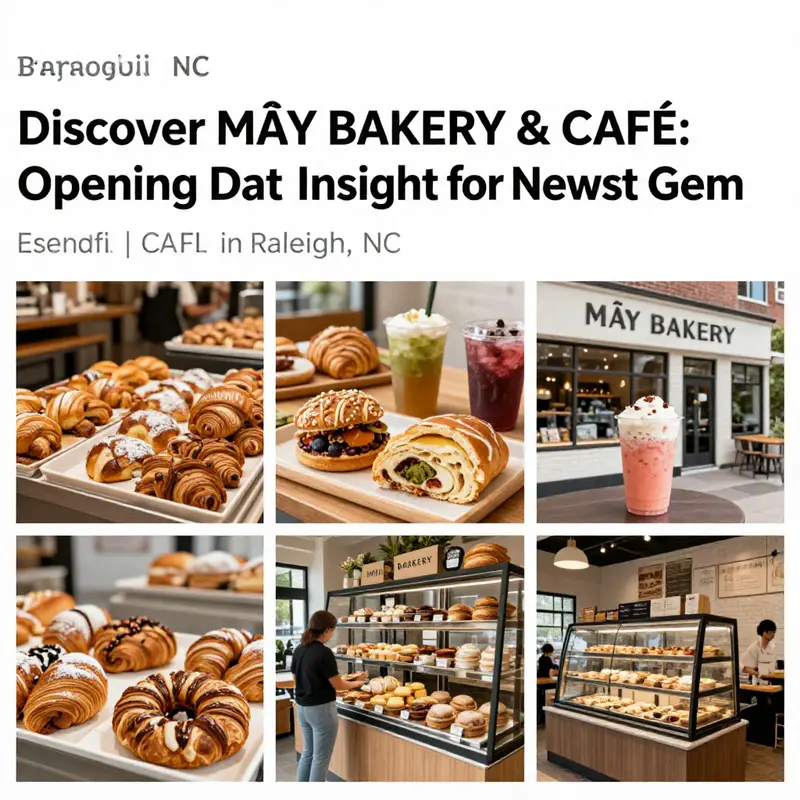 Collage of MÂY BAKERY & CAFÉ's offerings including pastries and beverages.