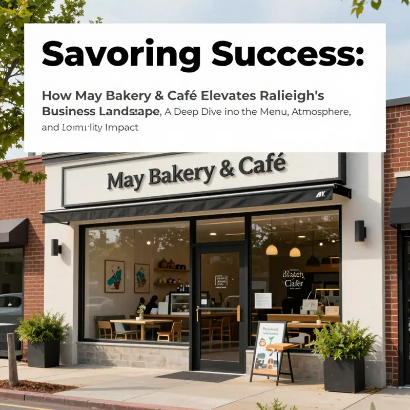 The front view of May Bakery & Café showcasing its entrance and modern signage.