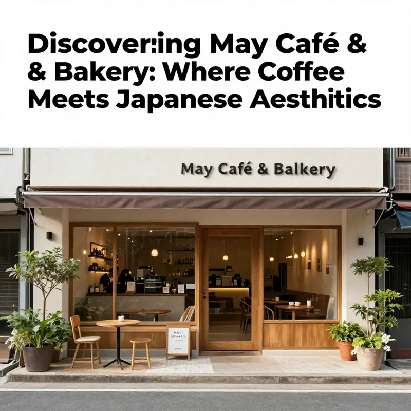 A panoramic view of the exterior of May Café & Bakery, showcasing its attractive entrance and inviting ambiance.