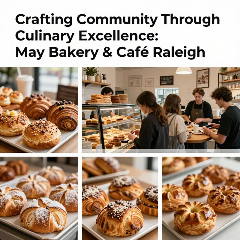 A collage showcasing May Bakery & Café's baked goods and vibrant café atmosphere in Raleigh.