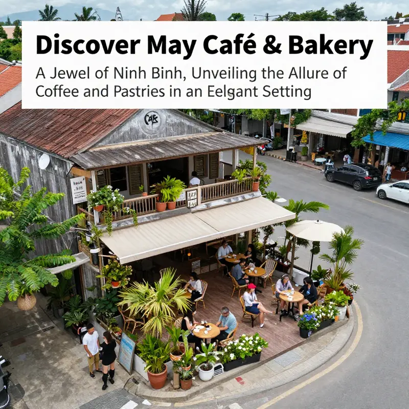 Aerial view of May Café & Bakery highlighting outdoor seating and lively atmosphere with guests enjoying their time.