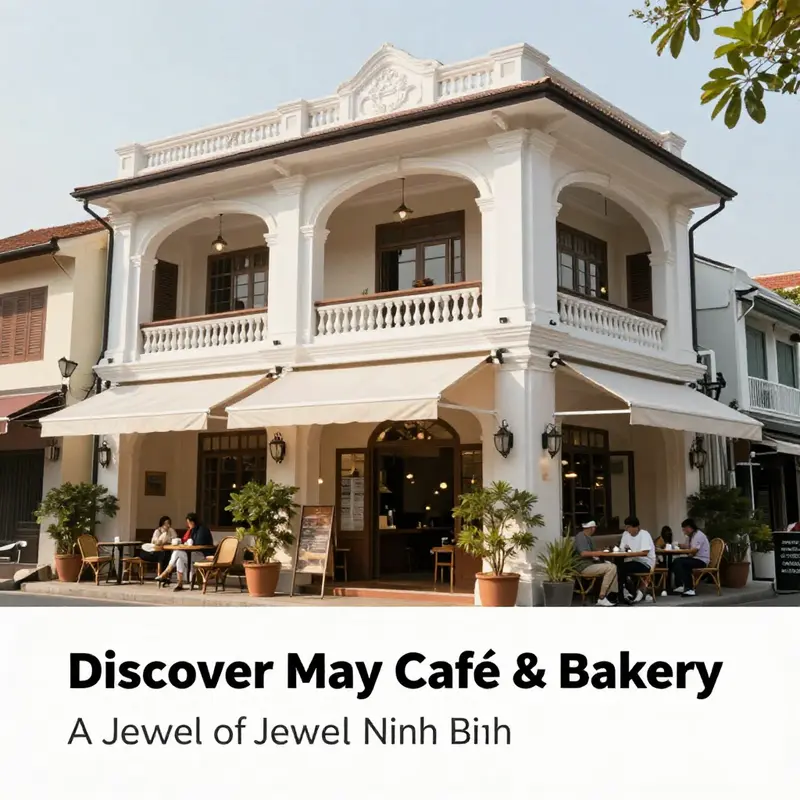 The distinguished exterior of May Café & Bakery, surrounded by greenery and urban life, reflecting its architectural elegance.