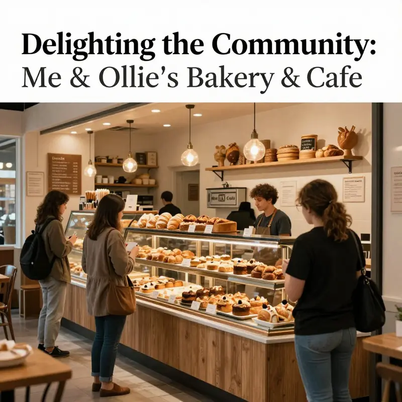 Me & Ollie's Bakery & Cafe showcasing a welcoming atmosphere filled with customers and delightful food aromas.