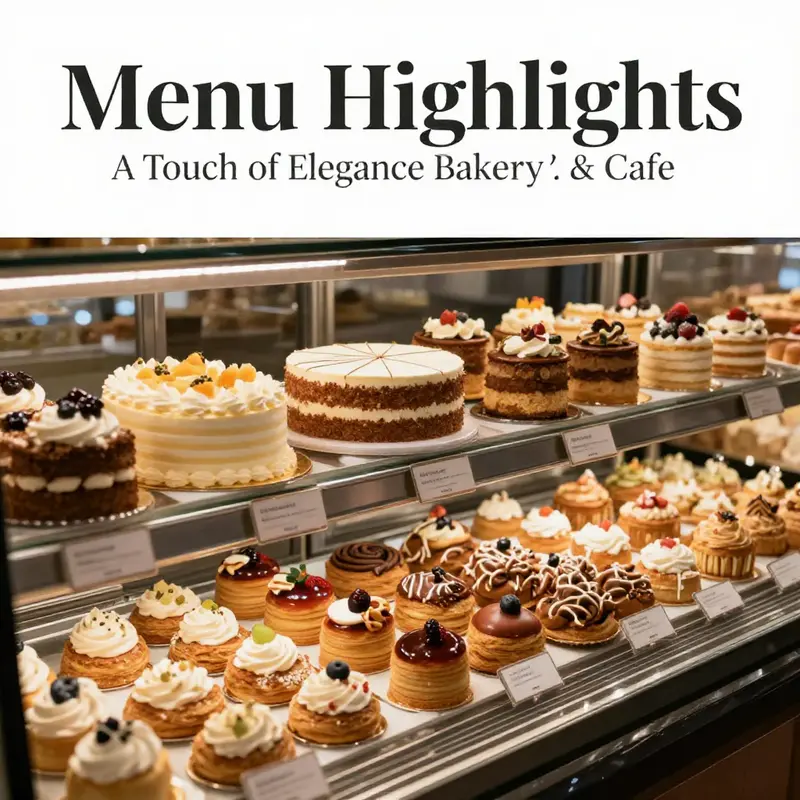 An exquisite array of baked goods and cakes featured at A Touch of Elegance Bakery & Cafe.