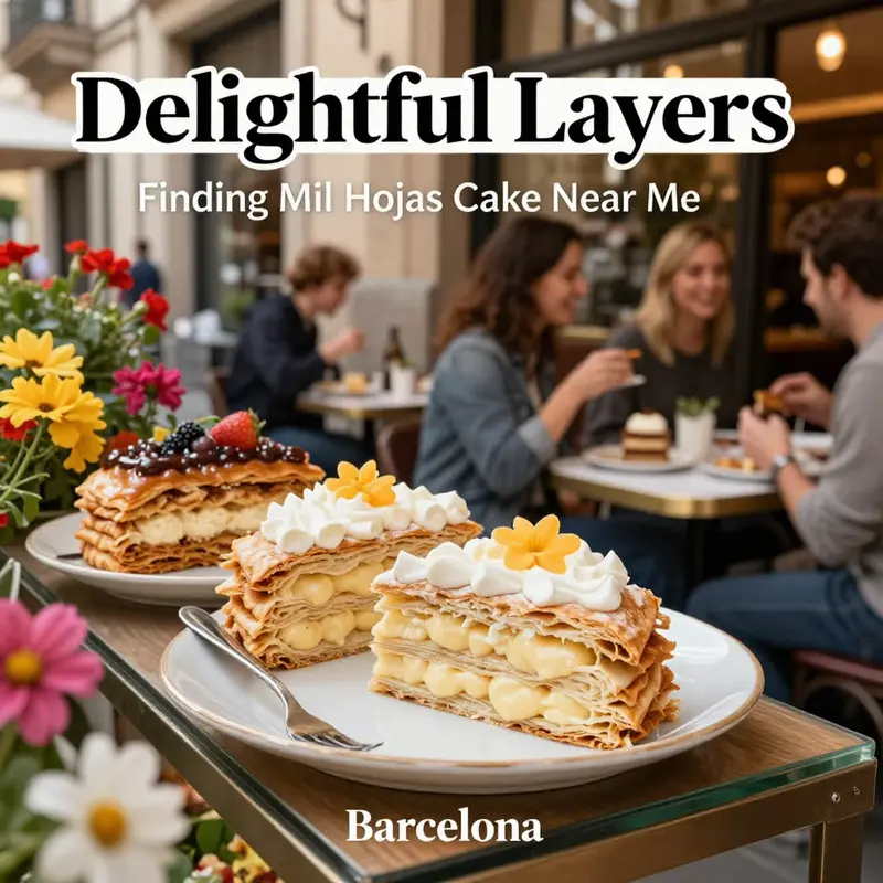 A charming cafe in Barcelona featuring a selection of mil hojas cakes.
