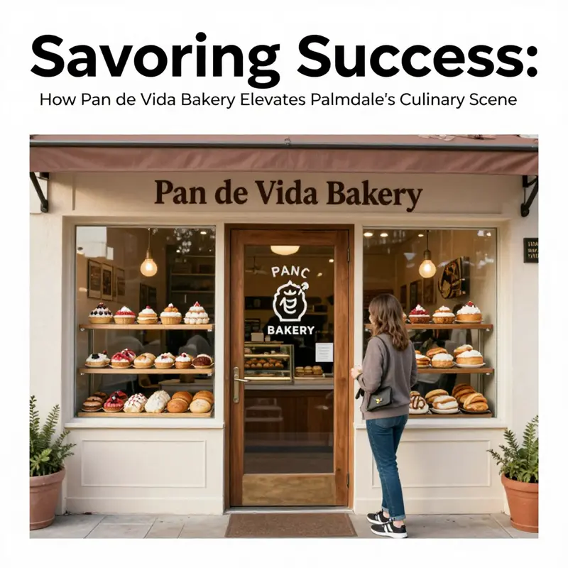 Exterior of Pan de Vida Bakery with colorful signage, fresh pastries in the window, and customers entering.