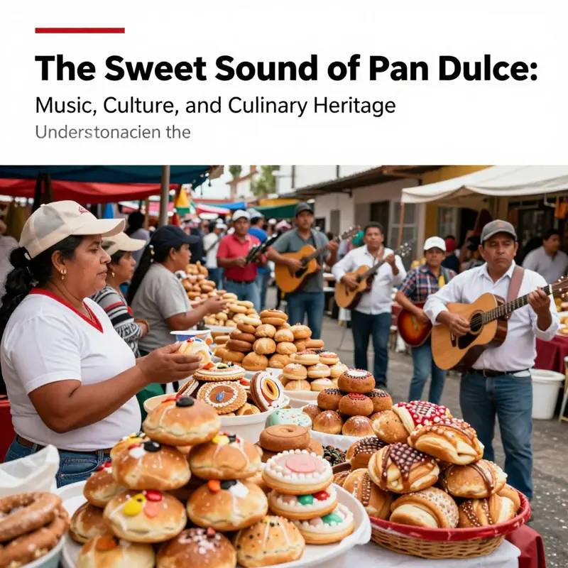 A lively market with vendors selling pan dulce and musicians performing, illustrating rich cultural traditions.
