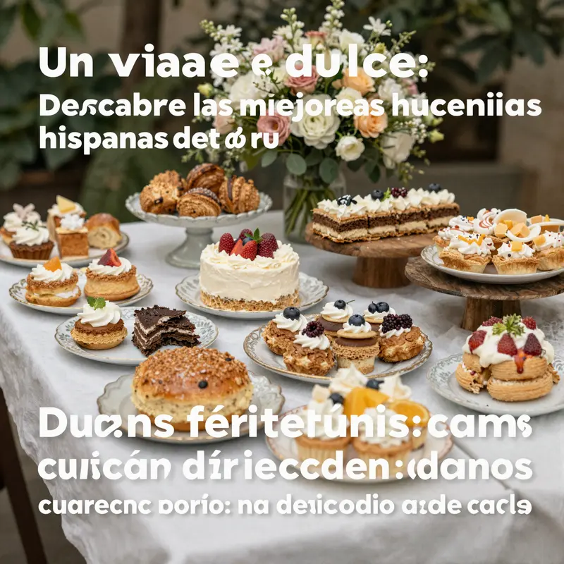 Mesa con una variedad de pasteles tradicionales españoles, simbolizando la dulzura de la cultura hispana.