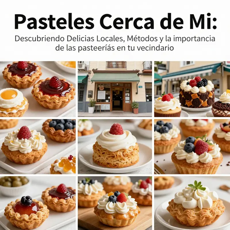 Un collage colorido de distintos pasteles de pastelerías locales, representando la diversidad y el arte de la repostería.
