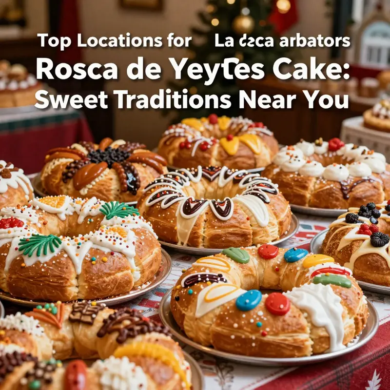 A vibrant showcase of Rosca de Reyes cakes from top bakeries, highlighting their individual styles.