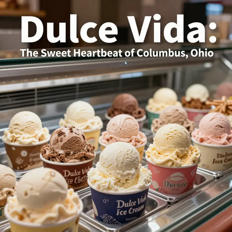 Display of colorful ice cream flavors at Dulce Vida Ice Cream Factory in Columbus, Ohio.