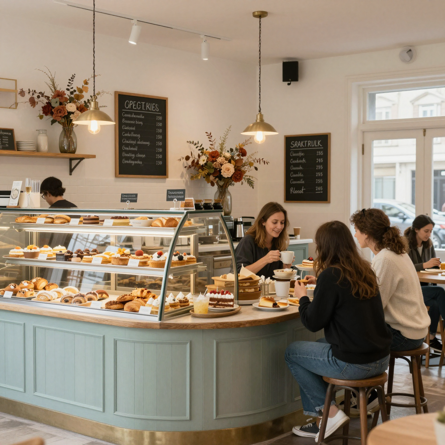 A cozy and inviting interior of a bakery and cafe, showcasing a counter filled with fresh pastries, cakes, and seasonal decorations.