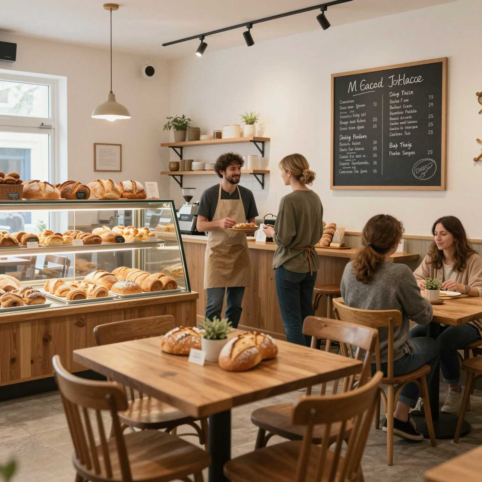 A warm community bakery scene showcasing a cozy bakery and cafe atmosphere.