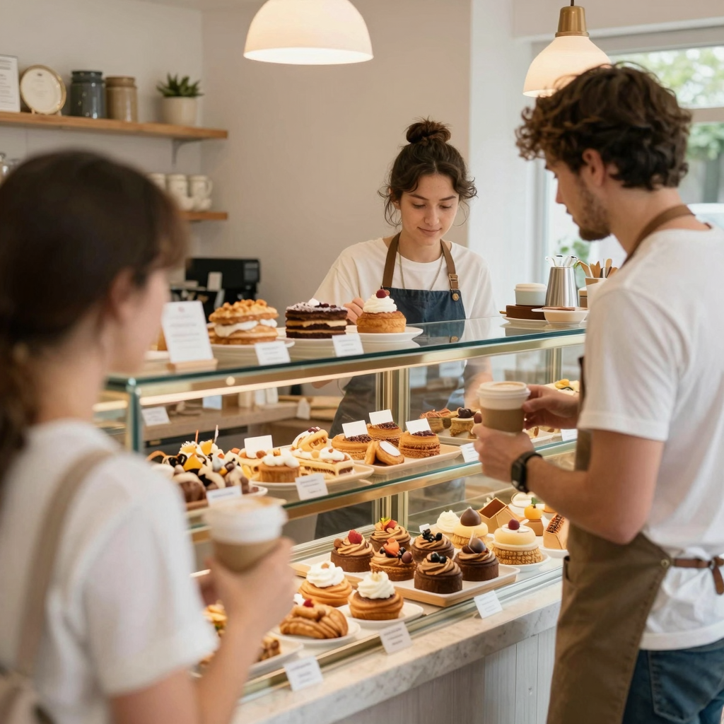 A warm and inviting bakery setting, with customers enjoying pastries and coffee, capturing a sense of community and service in a cozy atmosphere.