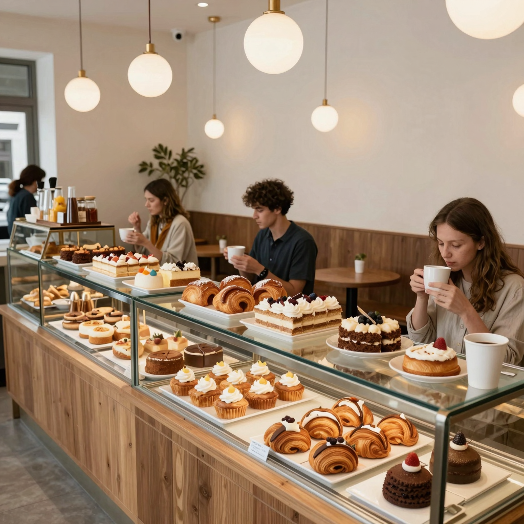 A cozy bakery and cafe interior showcasing a variety of baked goods