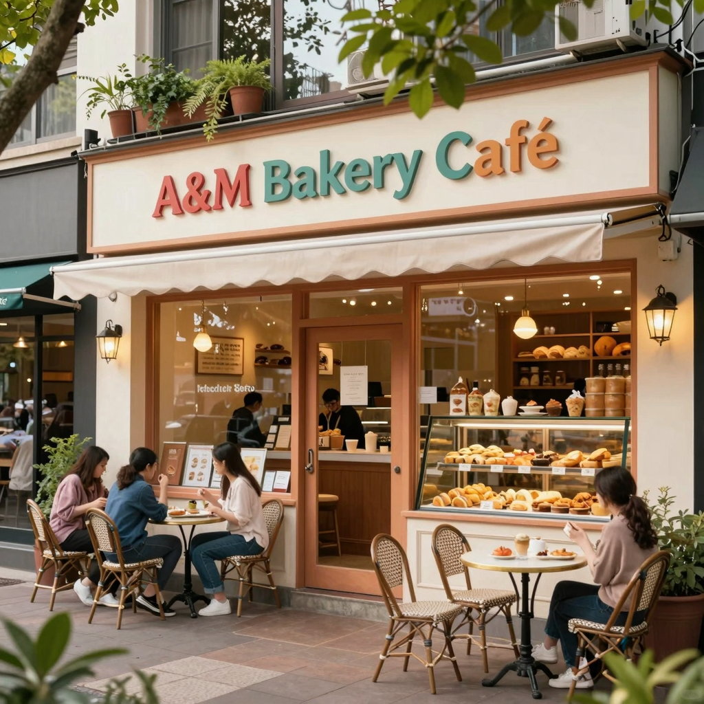 Exterior view of A&M Bakery Café showcasing an inviting atmosphere.