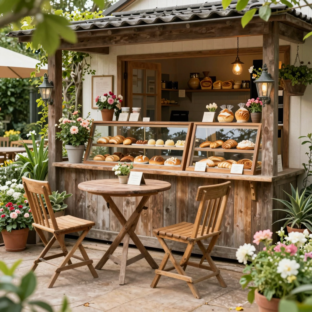 Rustic garden bakery atmosphere with flowers and baked goods