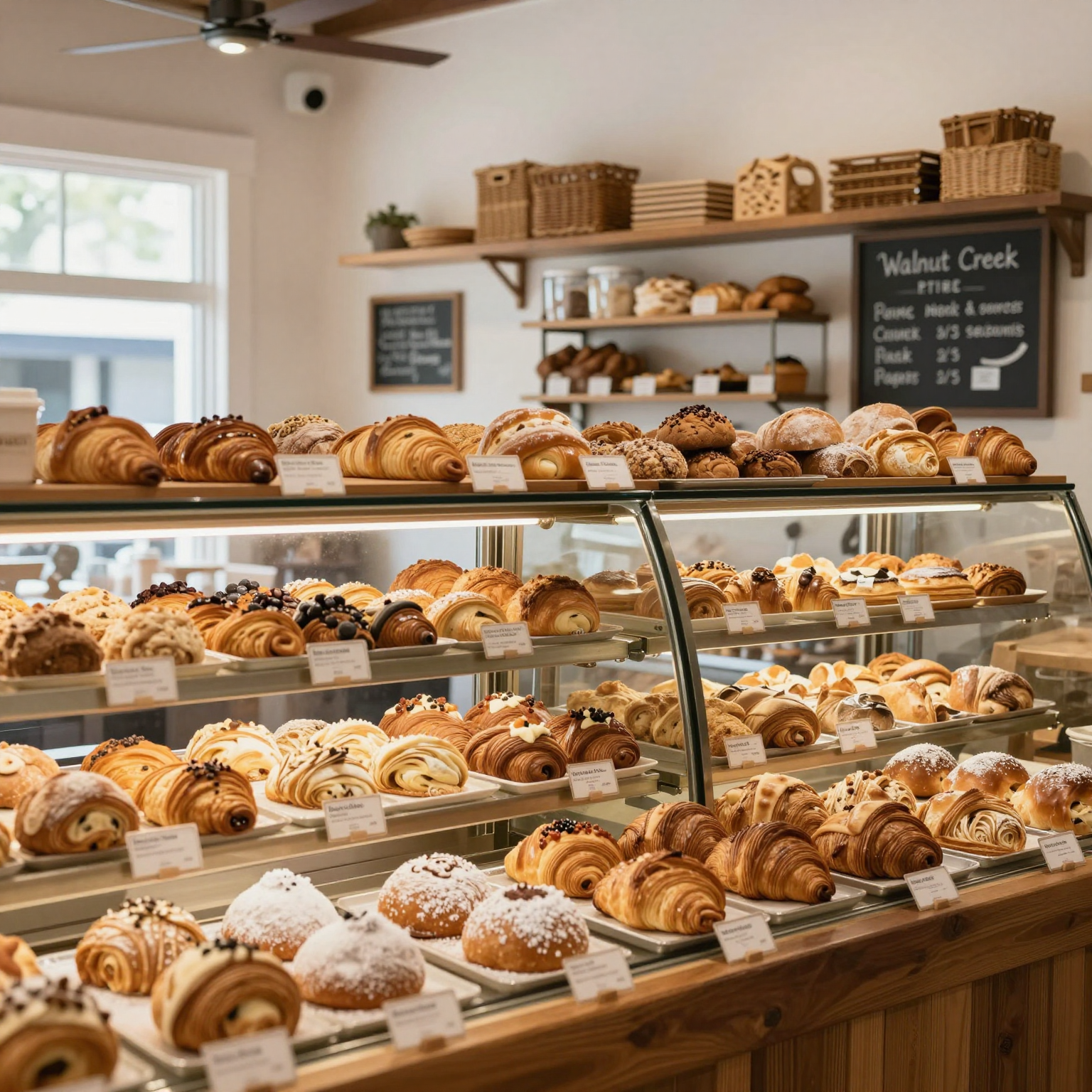 A vibrant and inviting bakery scene in Walnut Creek, California, featuring a variety of baked goods and a warm atmosphere