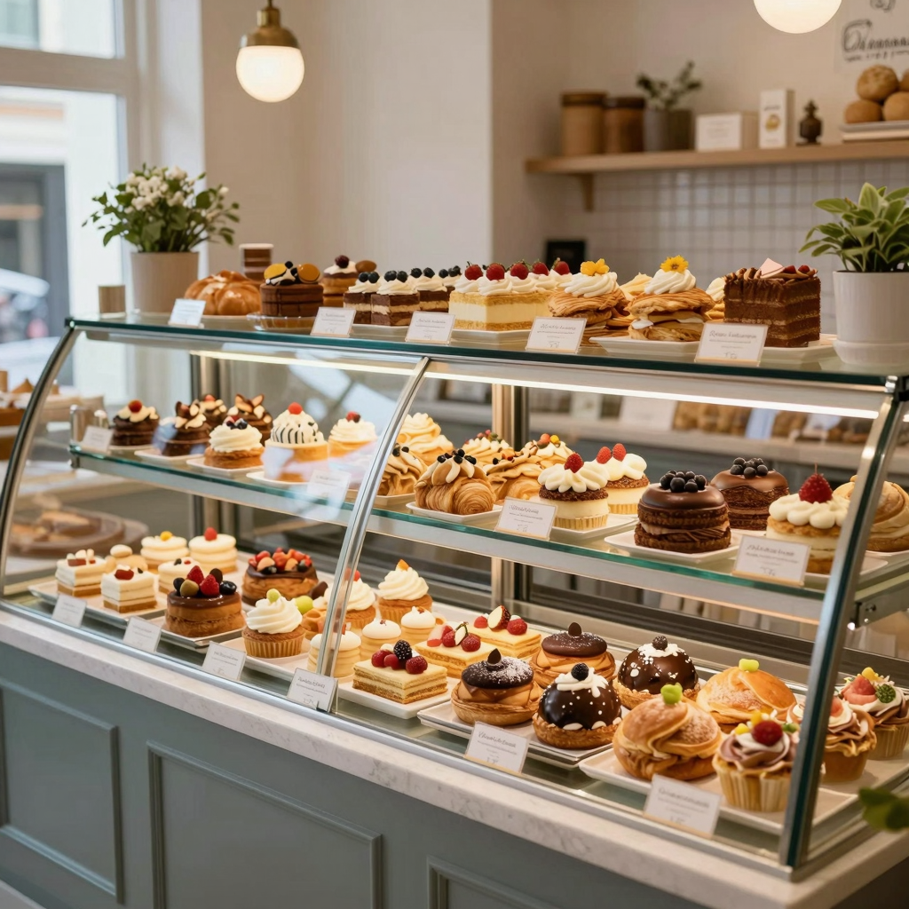 A beautiful bakery setup showcasing decorated pastries, cakes, and breads