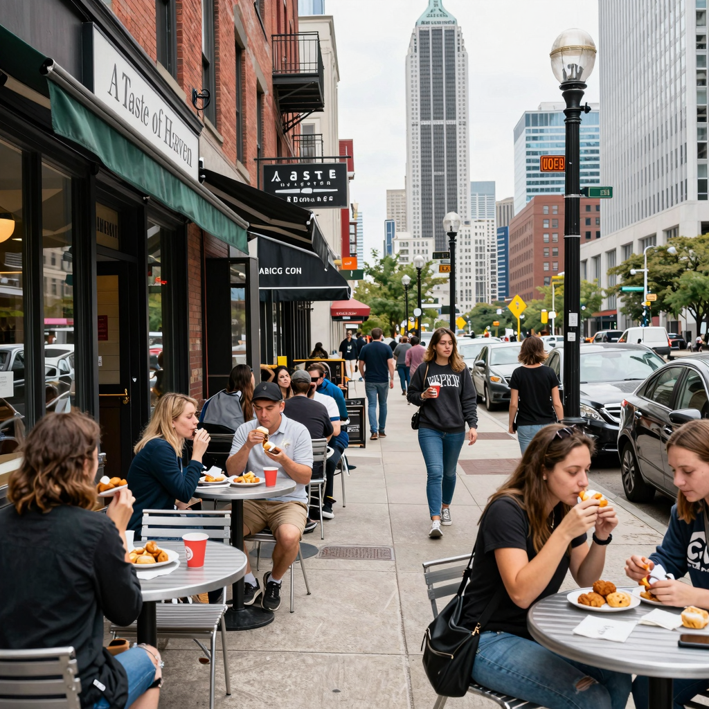 A bustling Chicago street scene showcasing A Taste of Heaven Bakery and Cafe