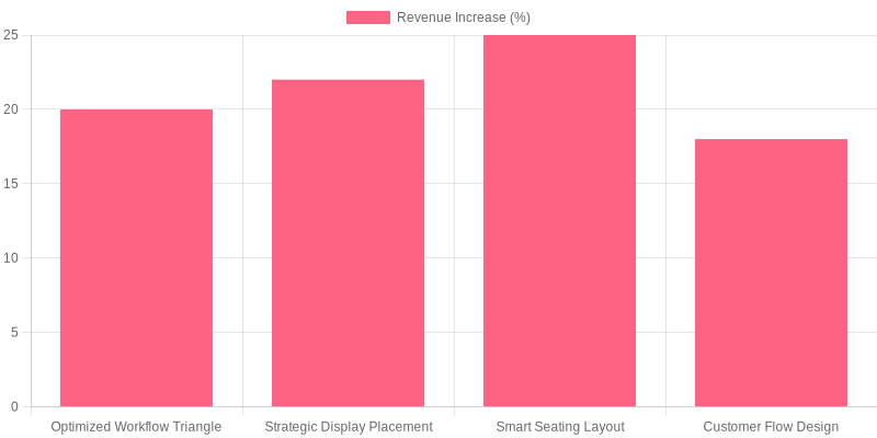 Bar chart: Revenue Impact of Bakery Cafe Layout Optimization showing Optimized Workflow Triangle 20%, Strategic Display Placement 22%, Smart Seating Layout 25%, Customer Flow Design 18%