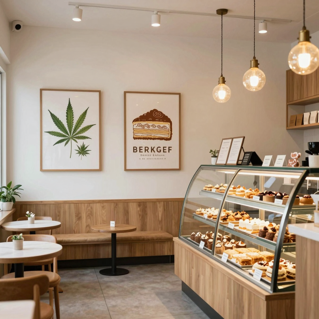 Stylish and inviting interior of a medical marijuana bakery and cafe