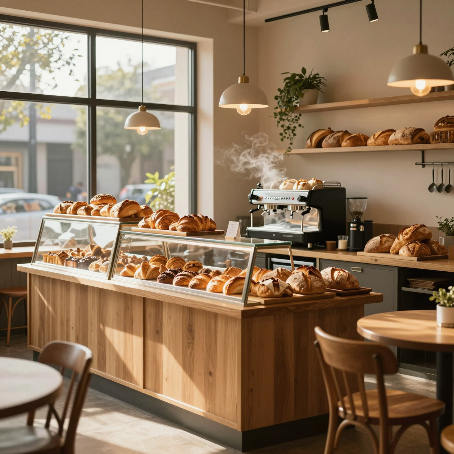 A warm, modern bakery cafe interior bathed in golden morning sunlight with wooden display counters, fresh pastries, and a steaming espresso machine