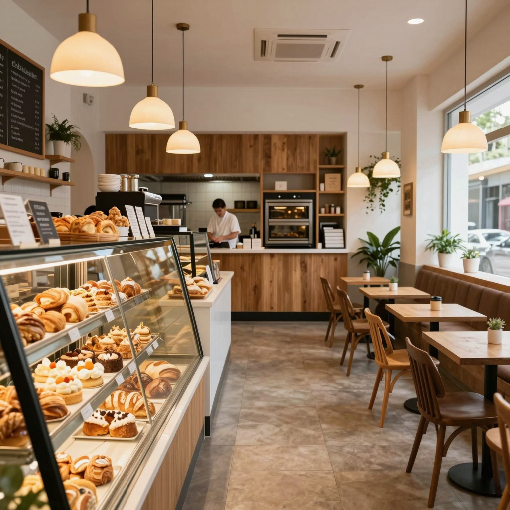 Warm, inviting bakery cafe interior with efficient layout showing display case, open kitchen, and cozy seating