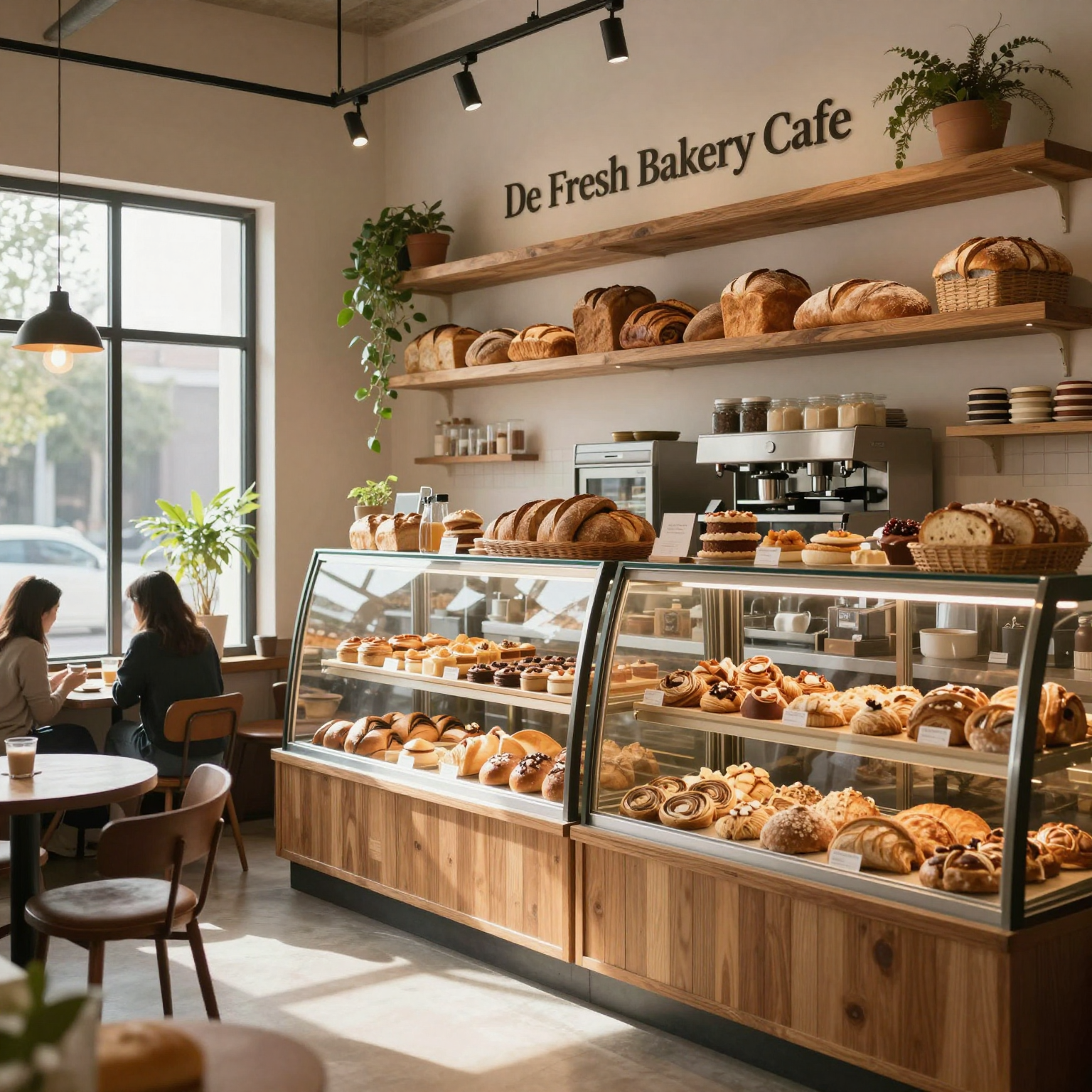De Fresh Bakery Cafe interior with fresh pastries and warm ambiance