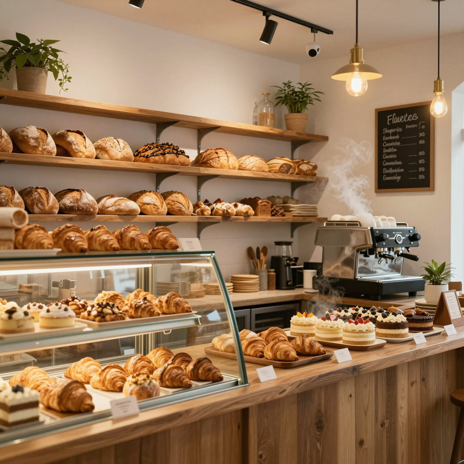 Interior of a warm, artisan bakery cafe with fresh bread, pastries, and golden lighting