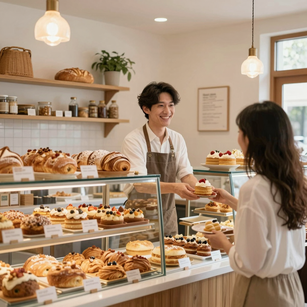 A cozy bakery interior with freshly baked goods on display