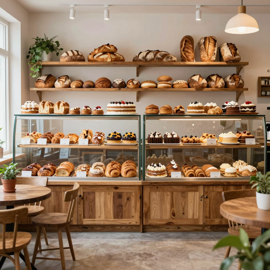 Cozy bakery atmosphere at De La Terre Café Bakery with freshly baked goods and rustic decor.