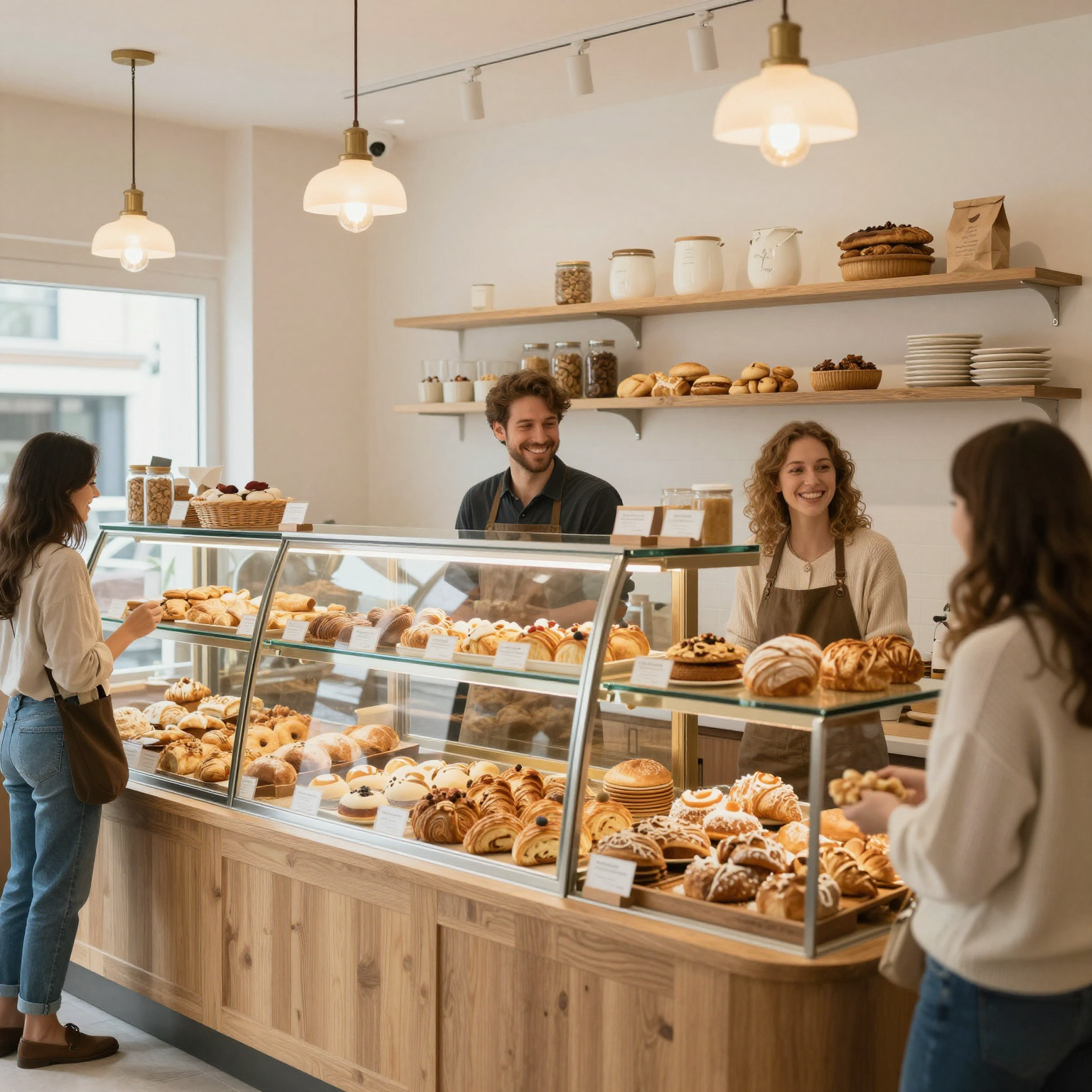 A welcoming bakery interior, showcasing fresh baked goods and happy customers, illustrating the cozy, inviting atmosphere of a successful bakery.