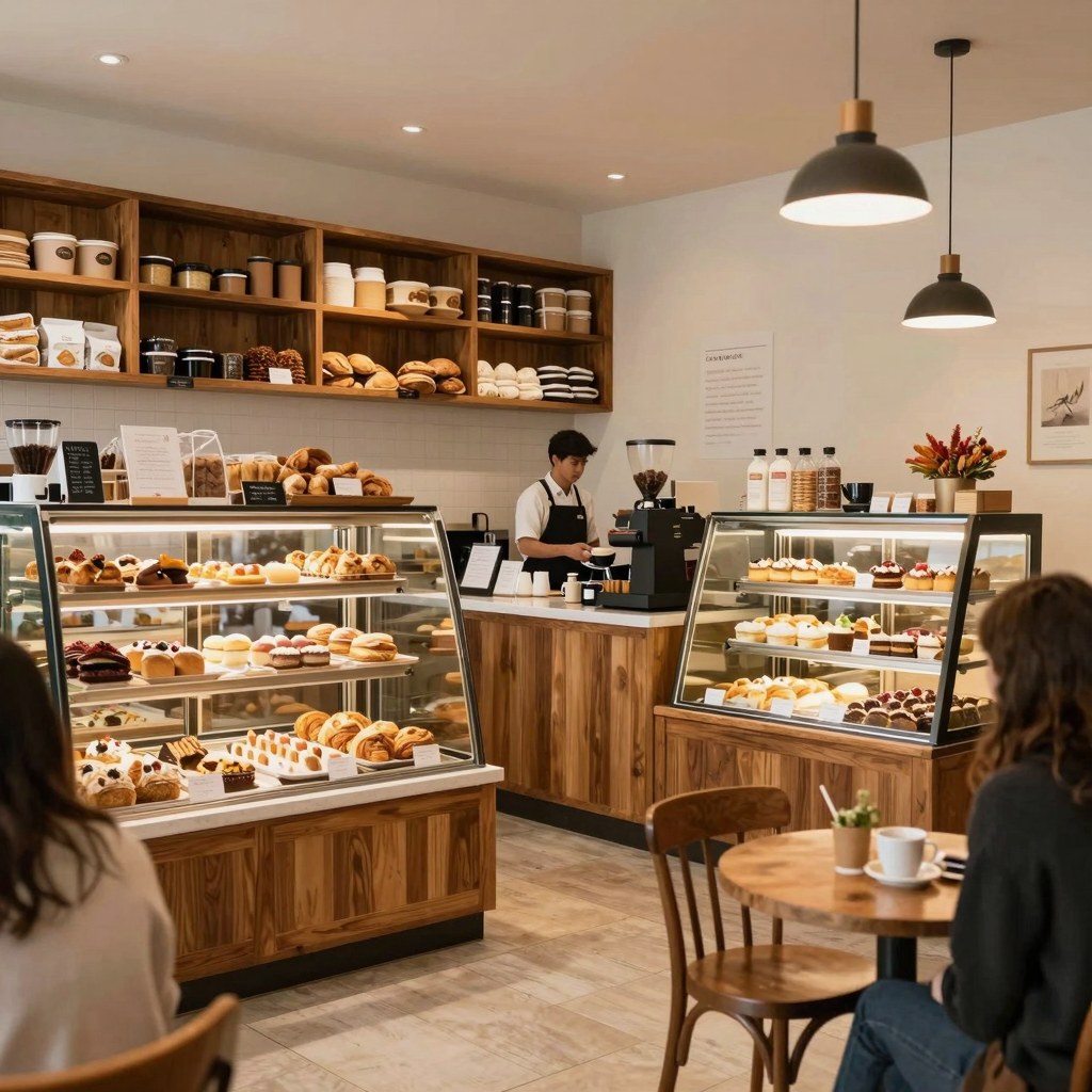 Cozy bakery and café setting with warm lighting and fresh baked goods