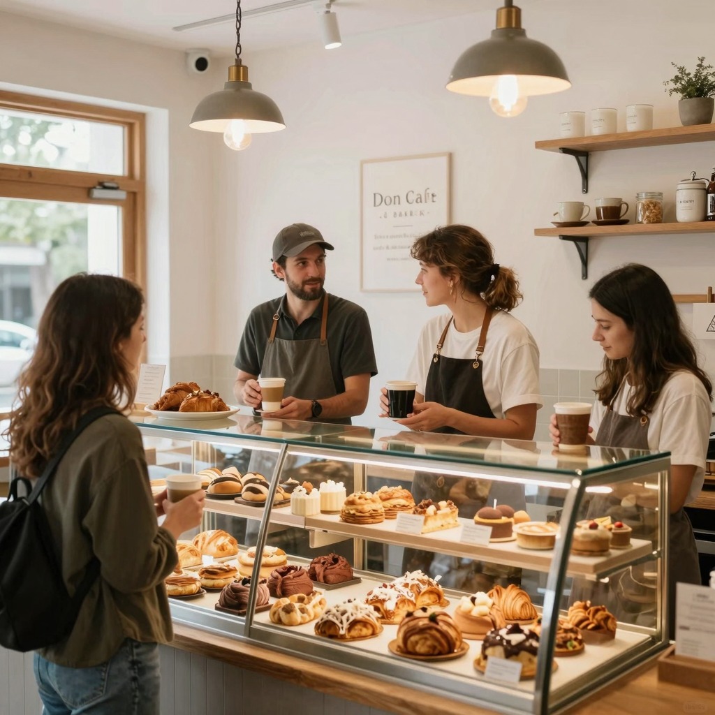 A warm and inviting interior of a bakery cafe showing fresh baked goods and cozy ambiance