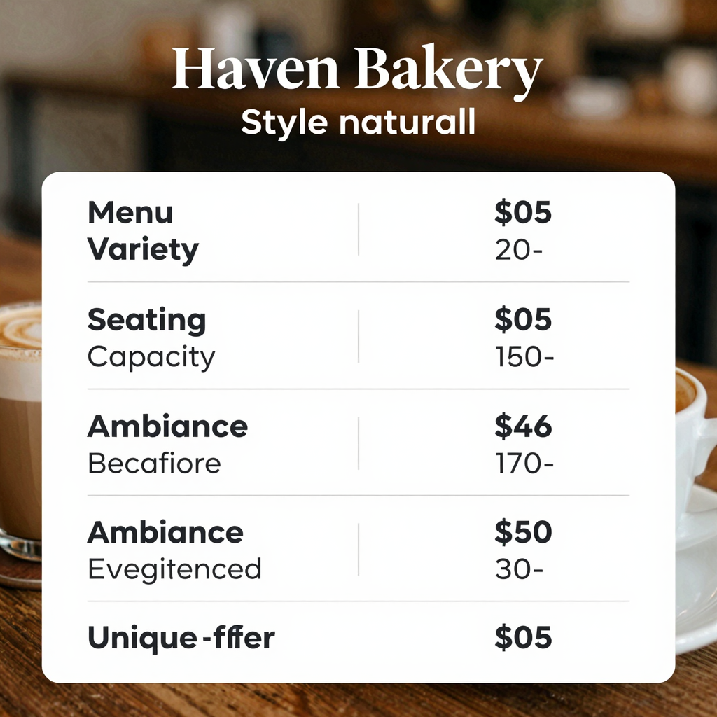 Haven Bakery and Cafe Comparison Table