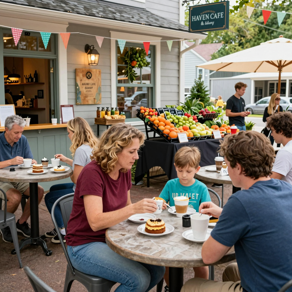 A cozy local café setting with families enjoying pastries and coffee at Haven Cafe & Bakery.