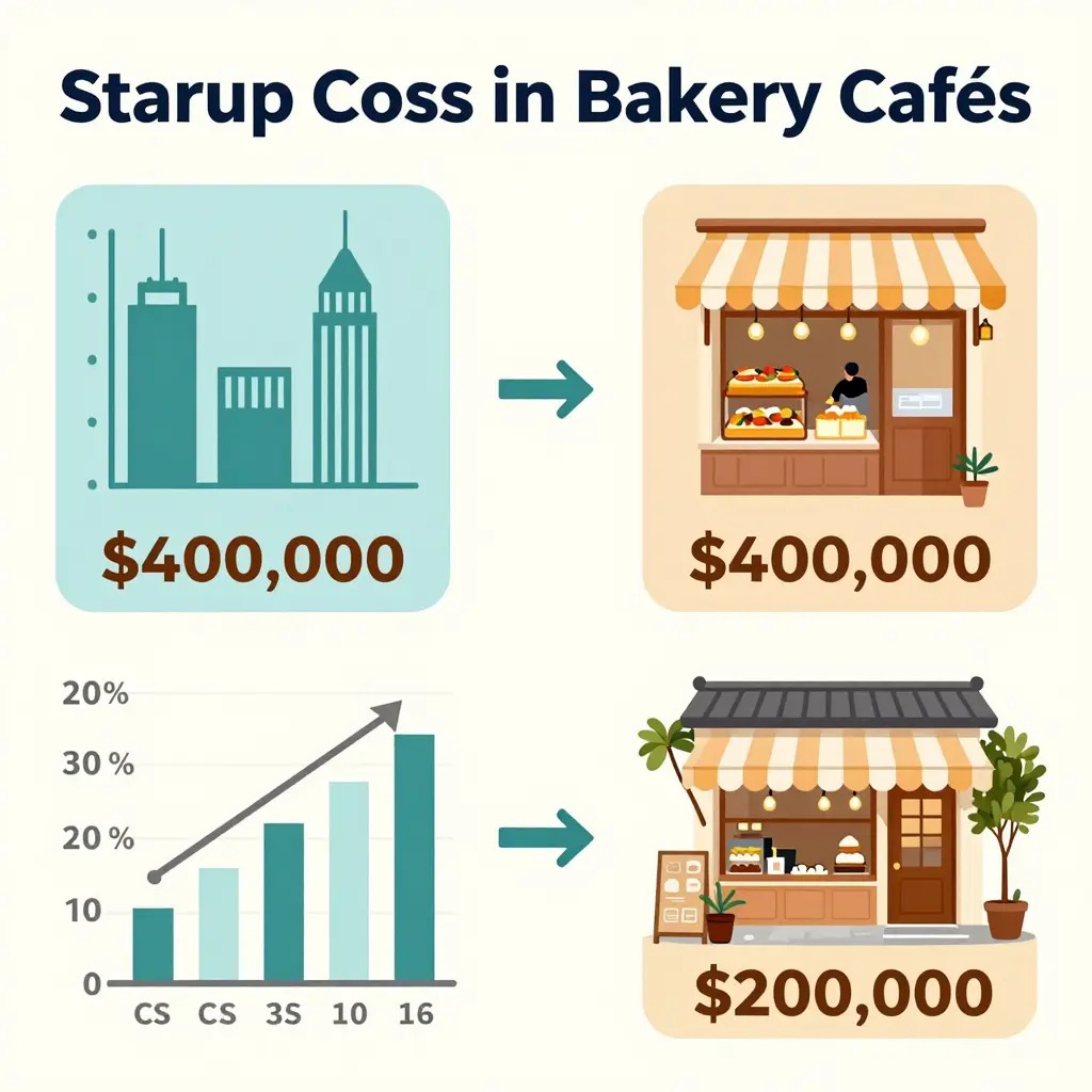Infographic comparing startup costs for bakery cafes in urban versus rural locations