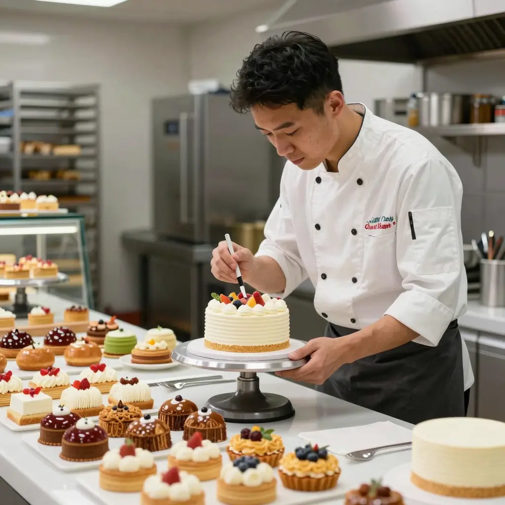 Professional pastry chef in a modern bakery