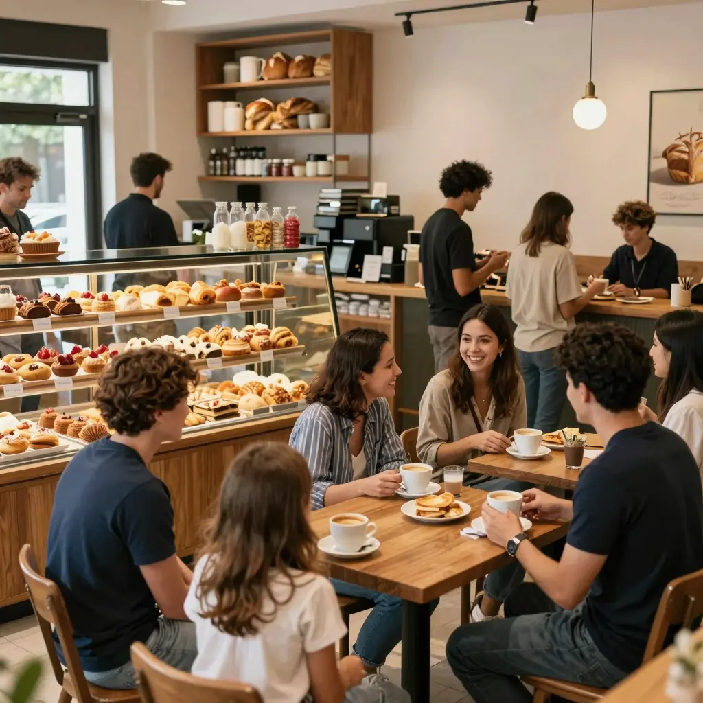 A bustling bakery cafe filled with happy customers chatting and enjoying pastries, bread, and coffee. The interior has warm lighting, wooden furnishings, and a display of colorful baked goods.