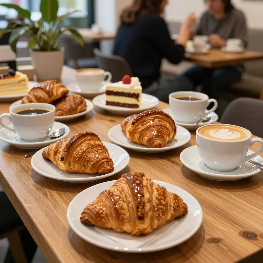 A cozy cafe or bakery setting featuring a variety of baked goods